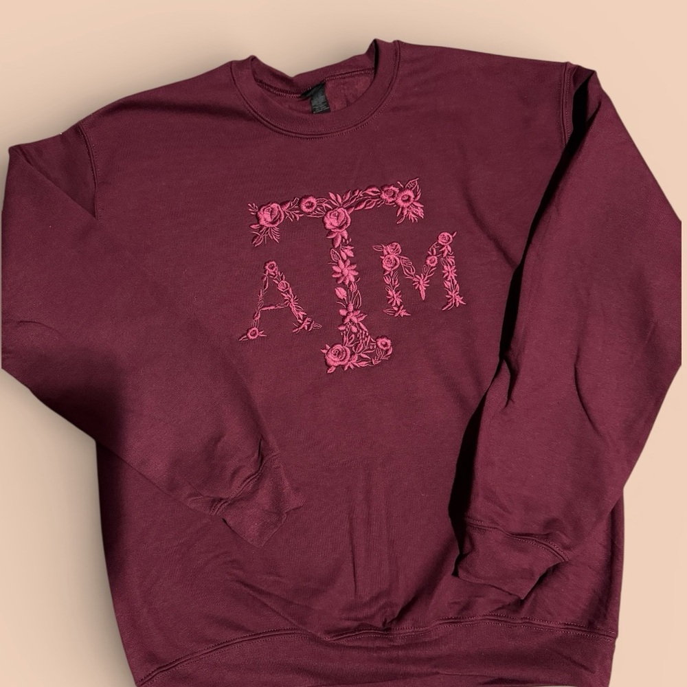 Maroon Sweatshirt with Floral Design, ATM , college, women’s , custom embroidery